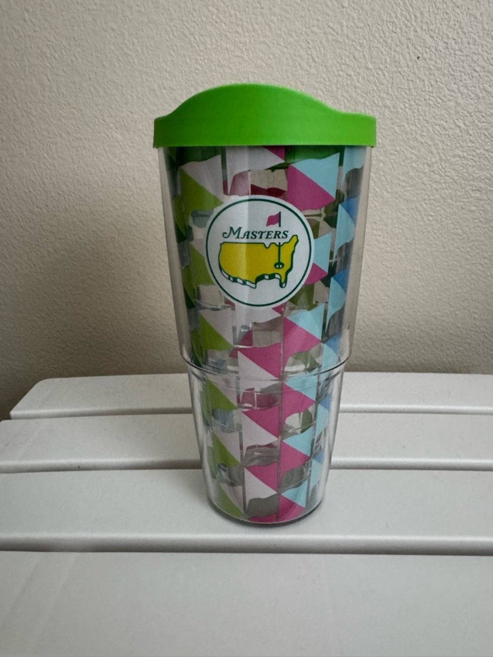 2026 Masters Bright Green Lid Travel Tumbler with Multicolor Geometric Insert